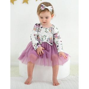 Girls Floral Print Long Sleeve Net / Tutu Style Dress with Headband Bow, 6-9M